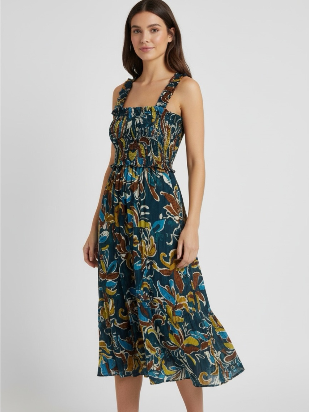 New Anne Klein Teal Floral Smocked Midi Dress size Small